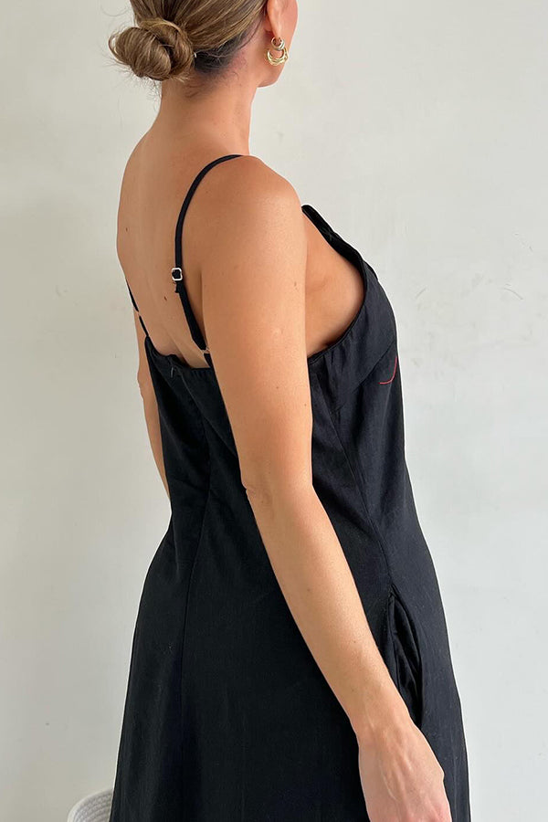 Vacay Ready Linen Blend Embellishment Pocketed Slit Maxi Dress