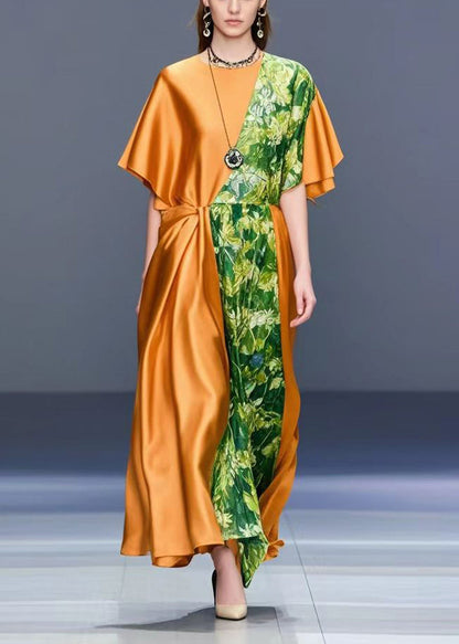 Orange Asymmetrical Patchwork Print Silk Dress Summer
