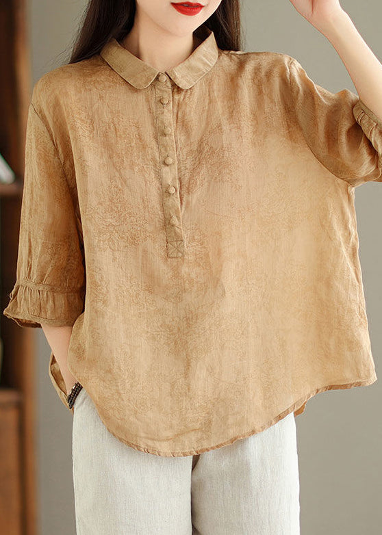 New Khaki Button Print Linen Shirt Summer