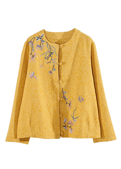 Yellow Embroideried Button Patchwork Cotton Coats Fall