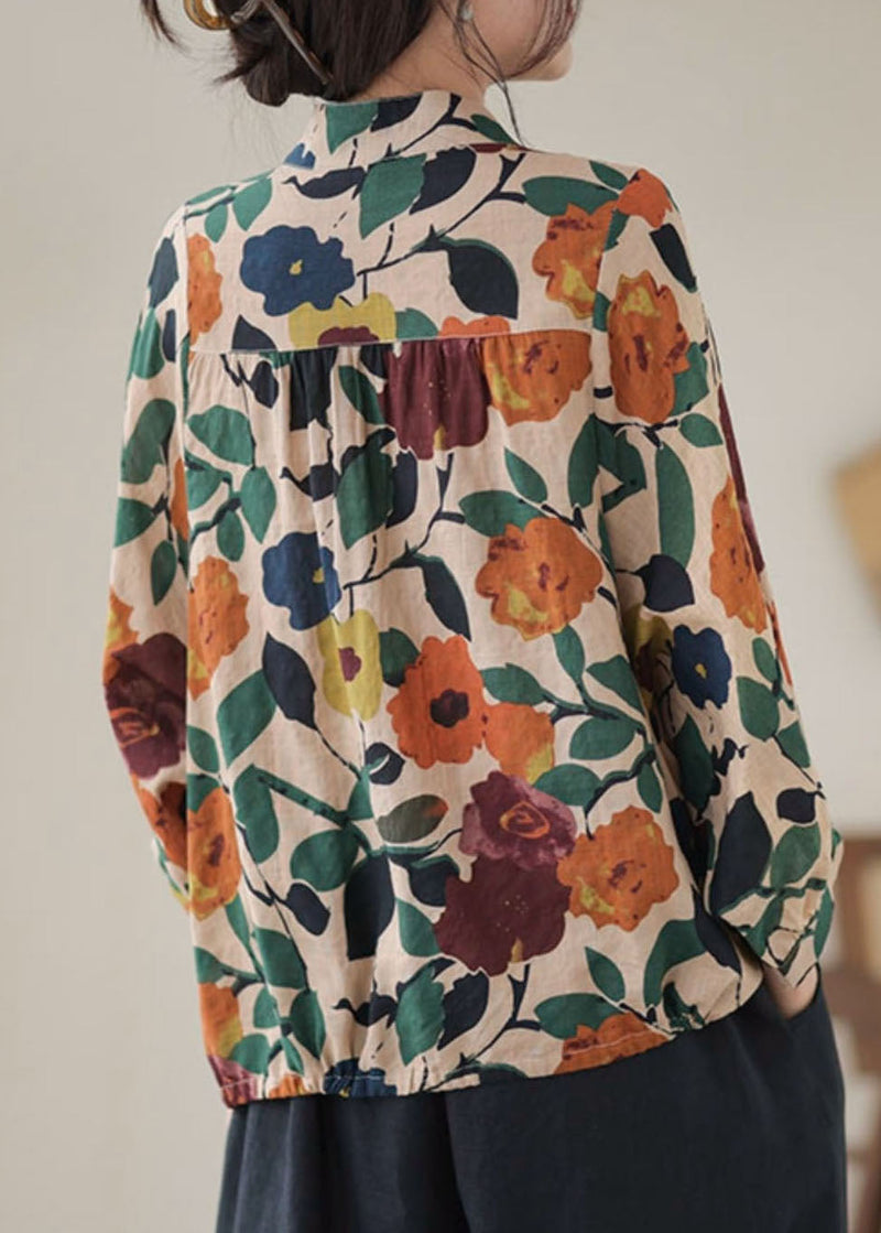 Apricot Stand Collar Print Cotton Shirts Long Sleeve