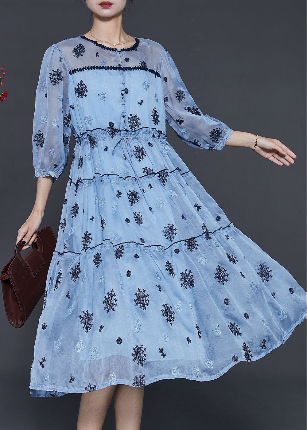 Sea Blue Embroidered Silk Cinched Dress Summer