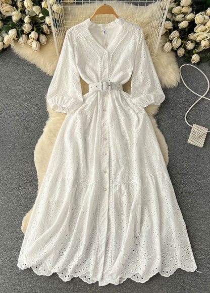 Purple Button Hollow Out Cotton Shirts Dress Long Sleeve
