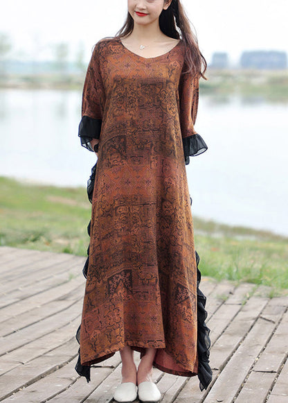 Original O-neck Ruffled Print Cotton Dresses Half Sleeve