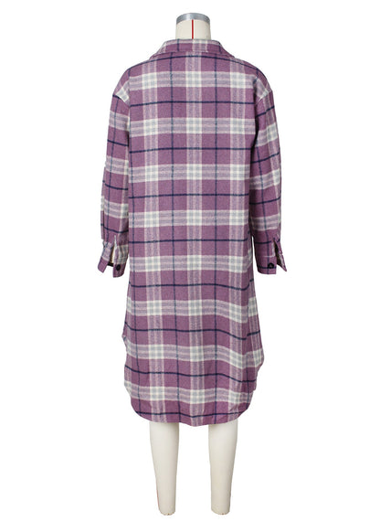 Purple Pockets Plaid Woolen Shirts Coat Fall