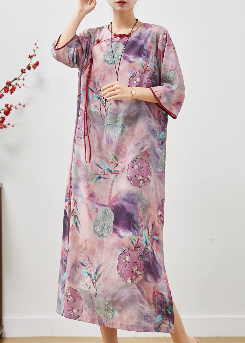 Purple Tasseled Print Cotton Cheongsam Dresses Summer