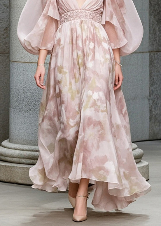 Light Pink Puff Sleeve Print Chiffon Cinched Dress