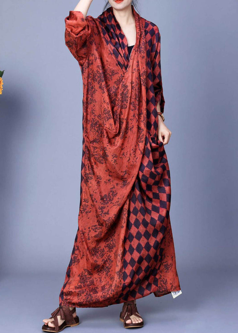 Orange V Neck Plaid Silk Long Dress Long Sleeve