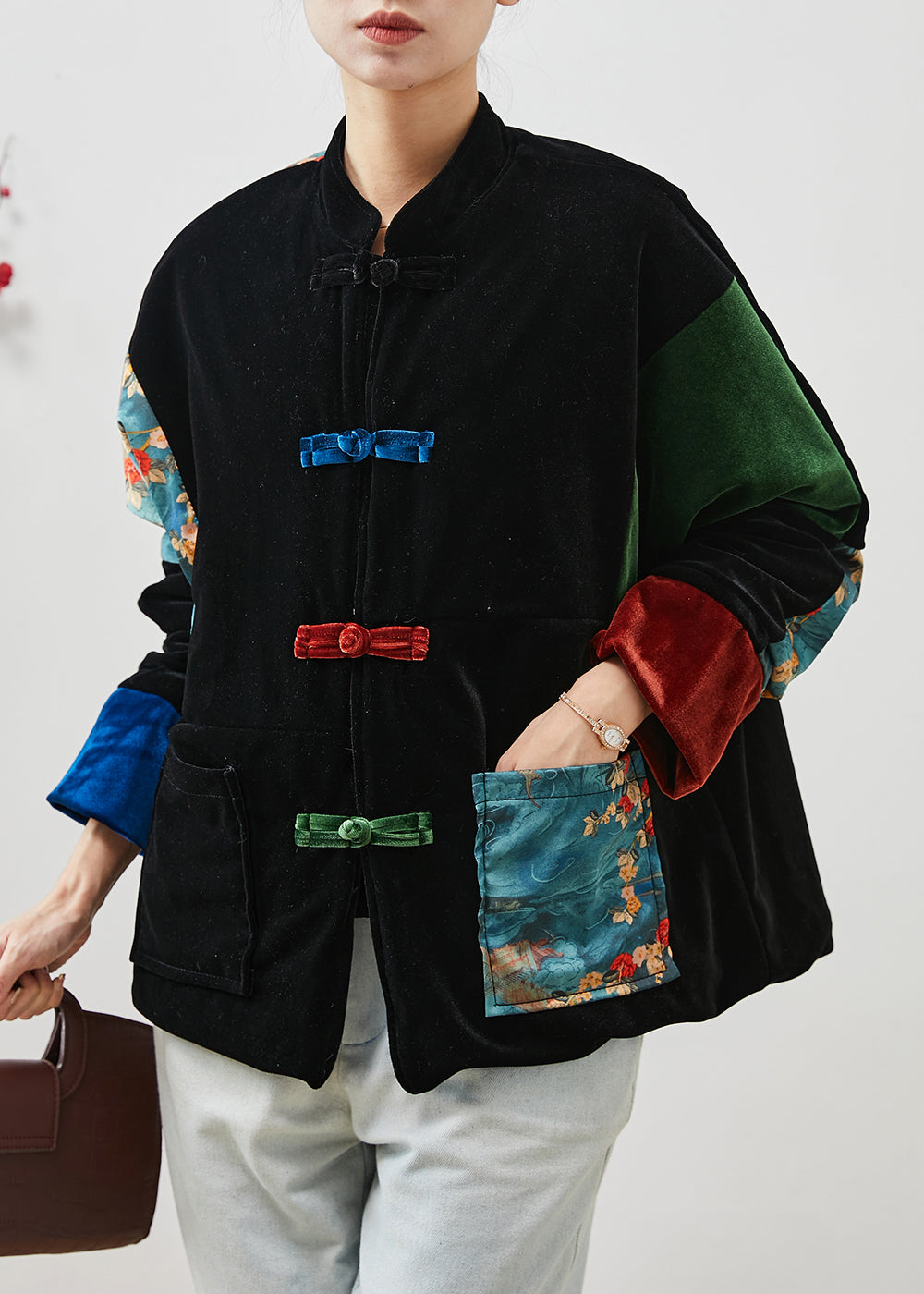 Black Thick Patchwork Pockets Silk Velvet Oriental Coats Winter
