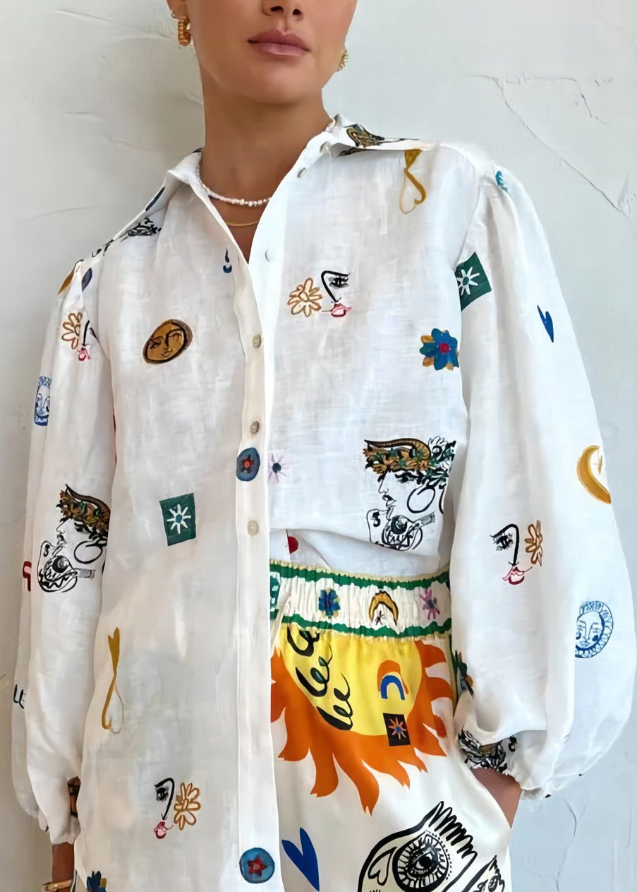 White Peter Pan Collar Button Print Cotton Blouses Long Sleeve