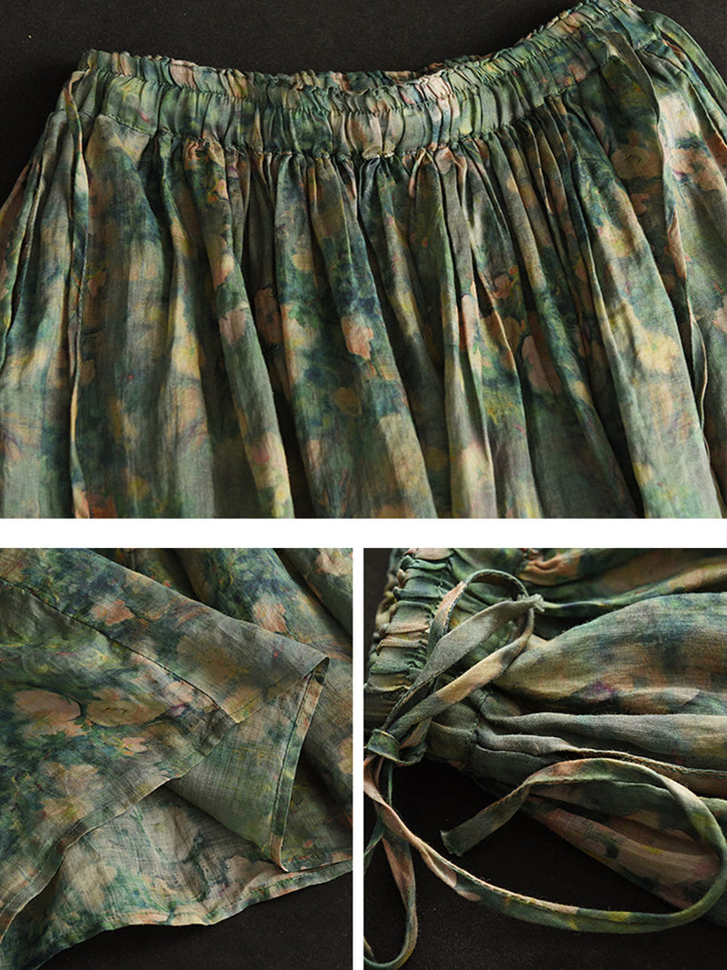 Summer Artsy Drawstring Loose Ramie Skirt