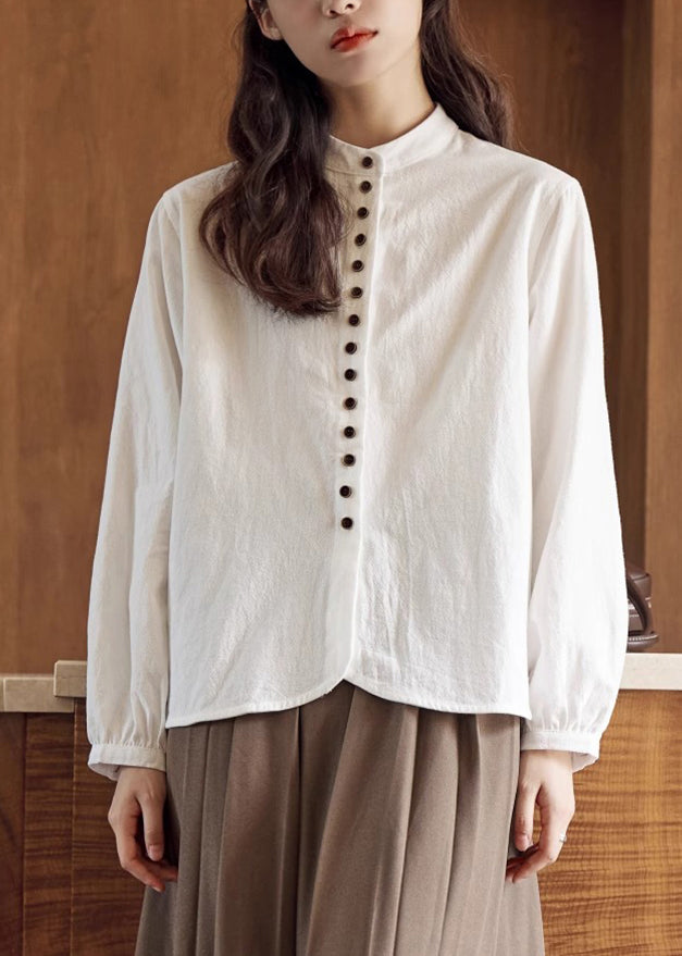 Loose Beige Stand Collar Button Cotton T Shirts Fall