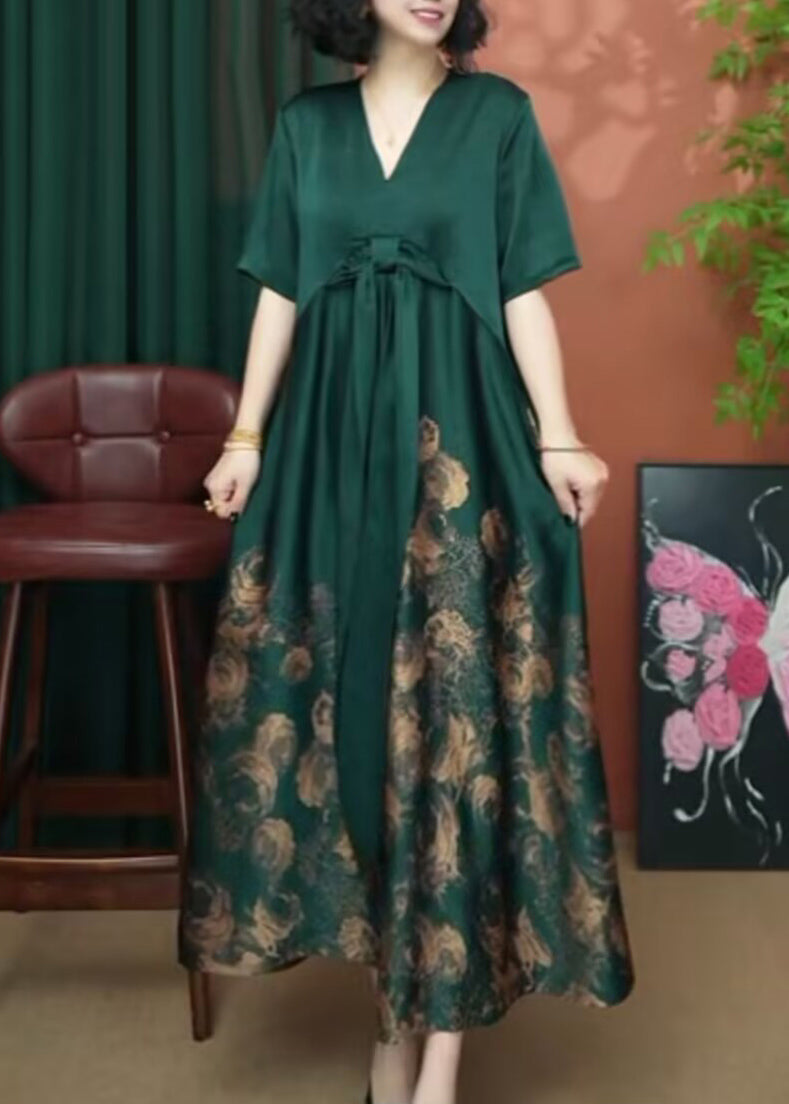 Rose V Neck Print Patchwork Silk Long Dress Summer