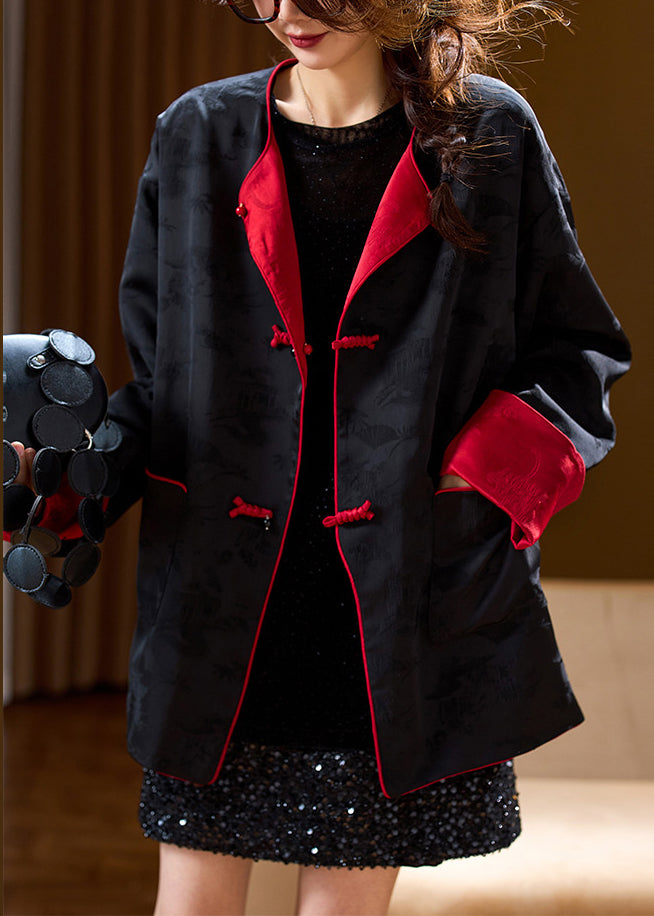 Black Pockets Button Jacquard Wear on Both Sides Silk Coats Fall