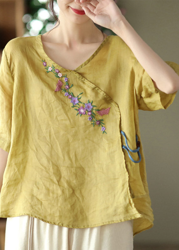 Unique Yellow V Neck Embroidered Linen T Shirt Half Sleeve
