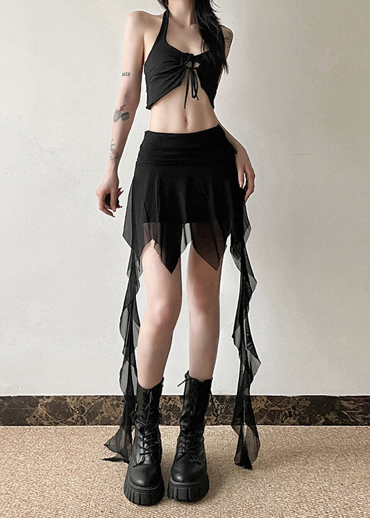 French Tulle Patchwork Ribbon High Waisted Asymmetrical Skirts