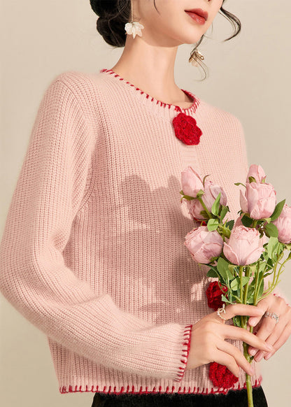 Art Pink Patchwork Button Cotton Knit Cardigan Fall