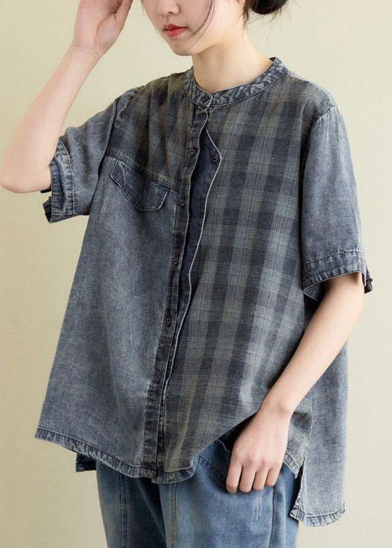 Blue Grey Denim Plaid Patchwork Summer Tops Short Sleeve