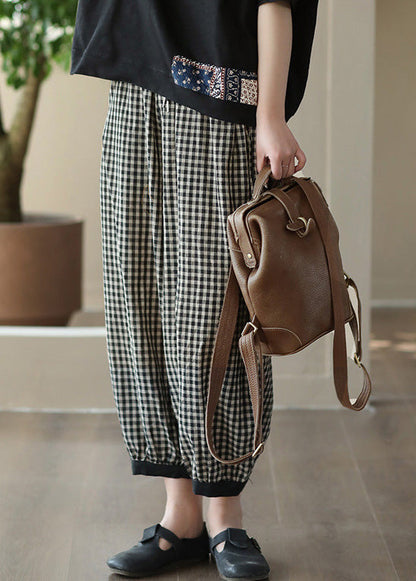Black Plaid Elastic Waist Harem Pants Summer