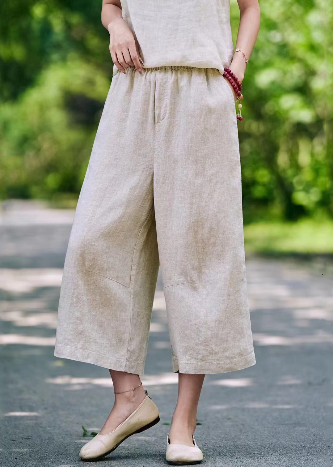 Linen Pockets Elastic Waist Linen Crop Pants Summer