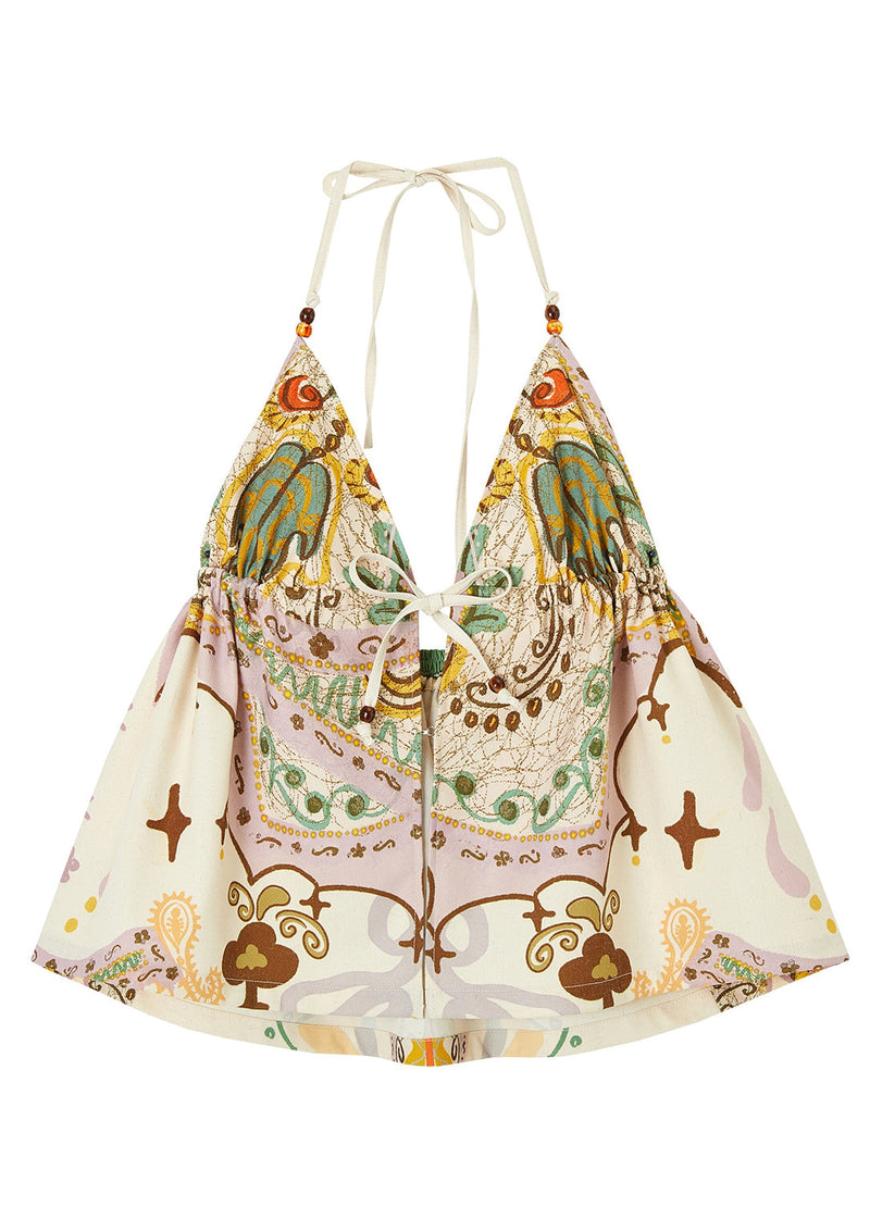 Beige Print Cotton Beach Vest Deep-v Neck Summer