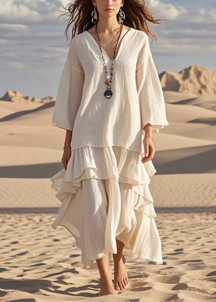 White Asymmetrical Exra Large Hem Cotton Dresses Bracelet Sleeve