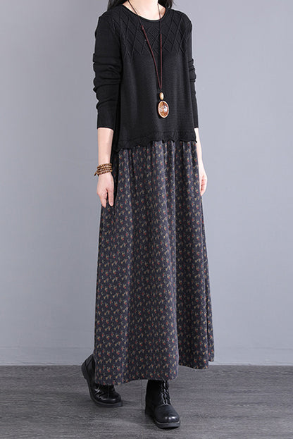 Fall Stitching Long Dress Retro Black Knitted Dress