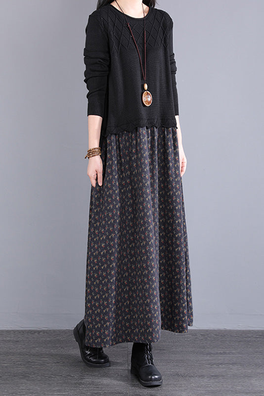 Fall Stitching Long Dress Retro Black Knitted Dress