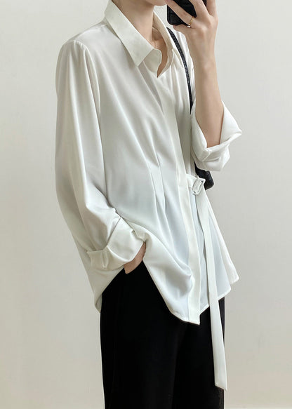 Caramel Peter Pan Collar Lace Up Loose Shirt Top Fall