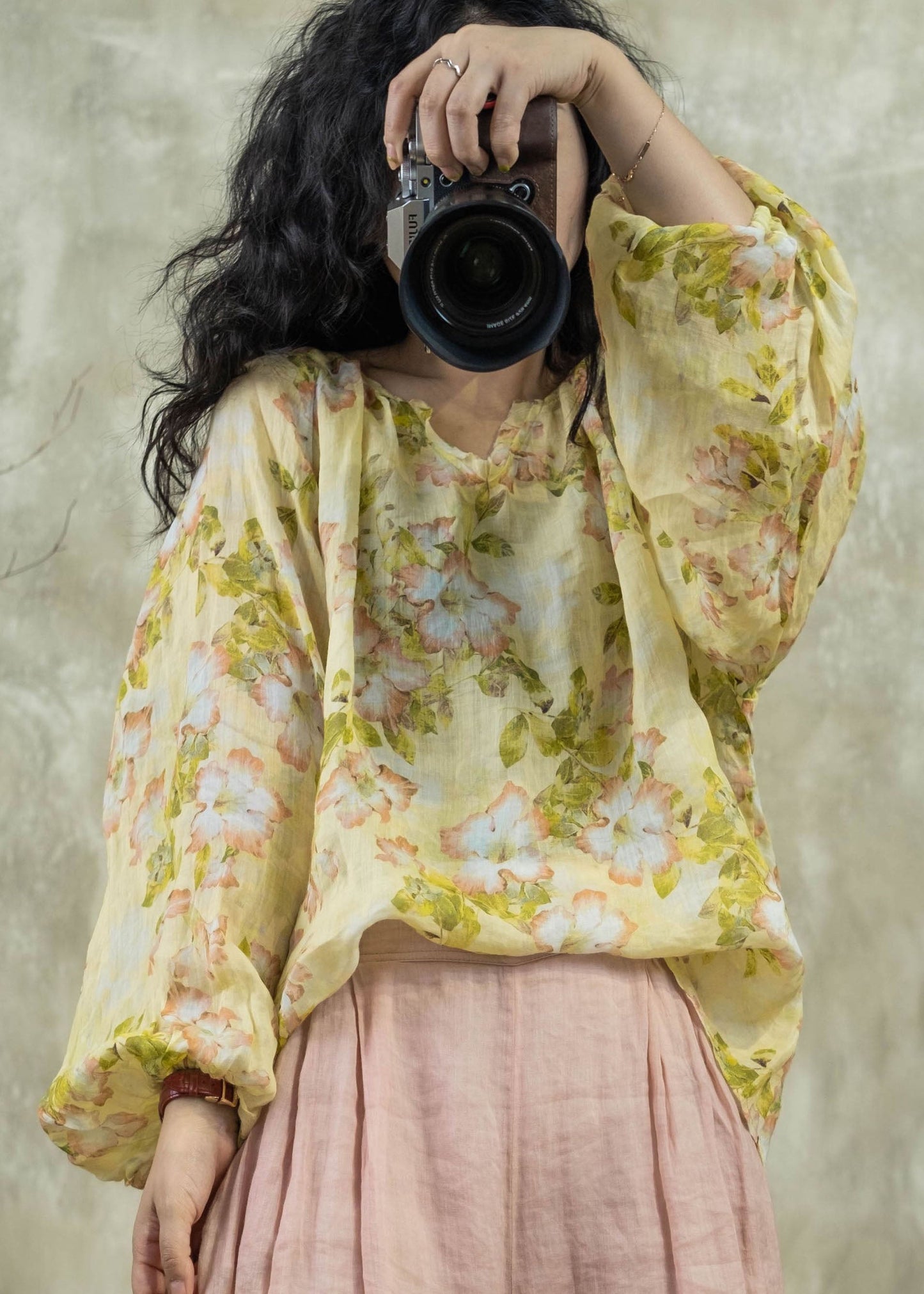 Yellow O Neck Print Linen Shirt Tops Lantern Sleeve