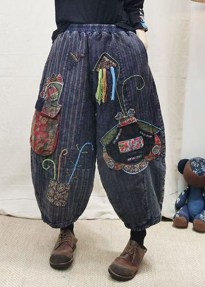 Blue Embroidered Patchwork Fine Cotton Filled Pants Winter