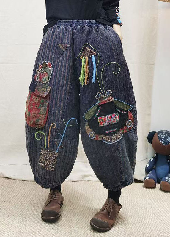 Blue Embroidered Patchwork Fine Cotton Filled Pants Winter