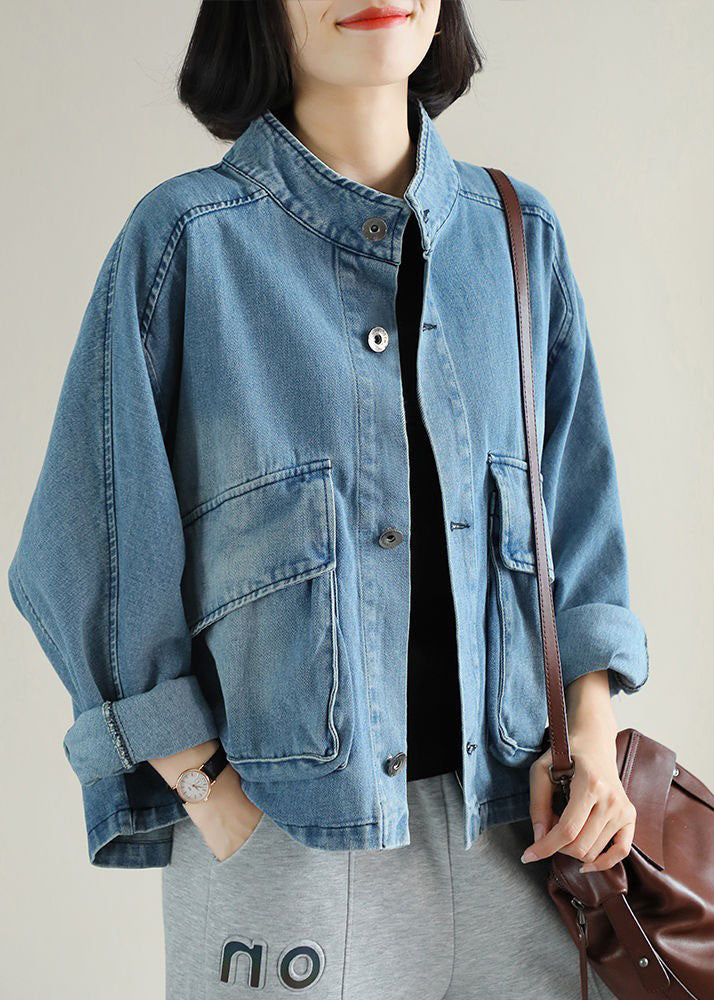 Blue Stand Collar Button Big Pockets Denim Coat Long Sleeve