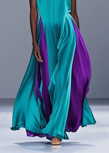 Dull Green Patchwork Silk Holiday Dress Exra Large Hem Summer
