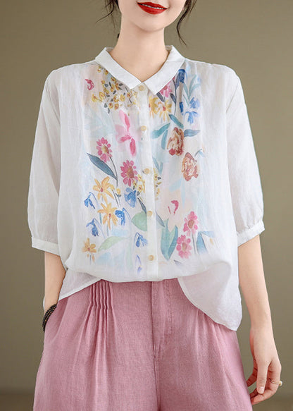 White Button Linen Shirt Peter Pan Collar Summer