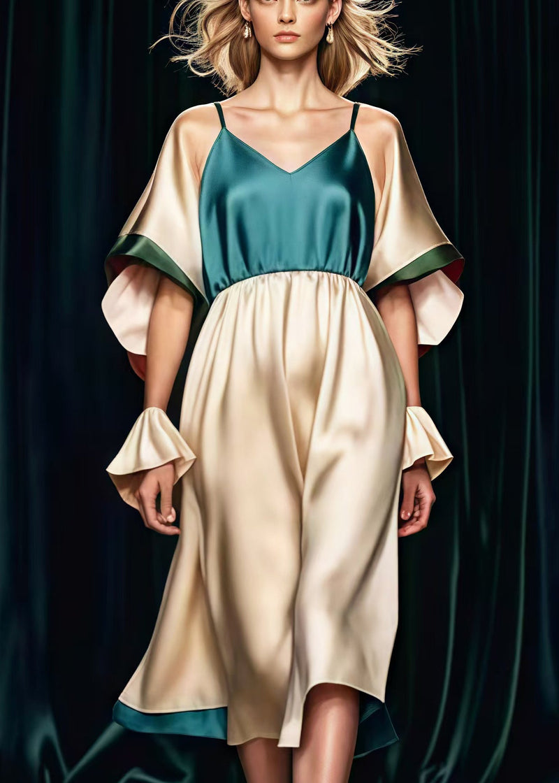 Peacock Green Patchwork Silk Dresses V Neck Summer