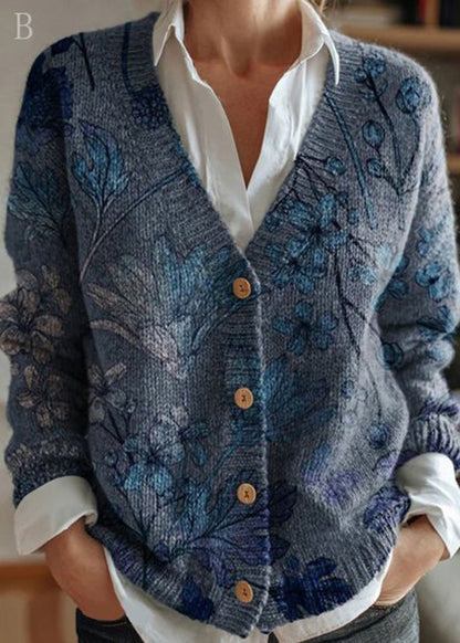 V Neck Button Print Knit Cardigans Fall