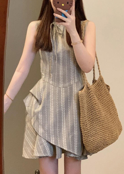 French Grey Striped Lace Up Cotton Mini Dress Sleeveless