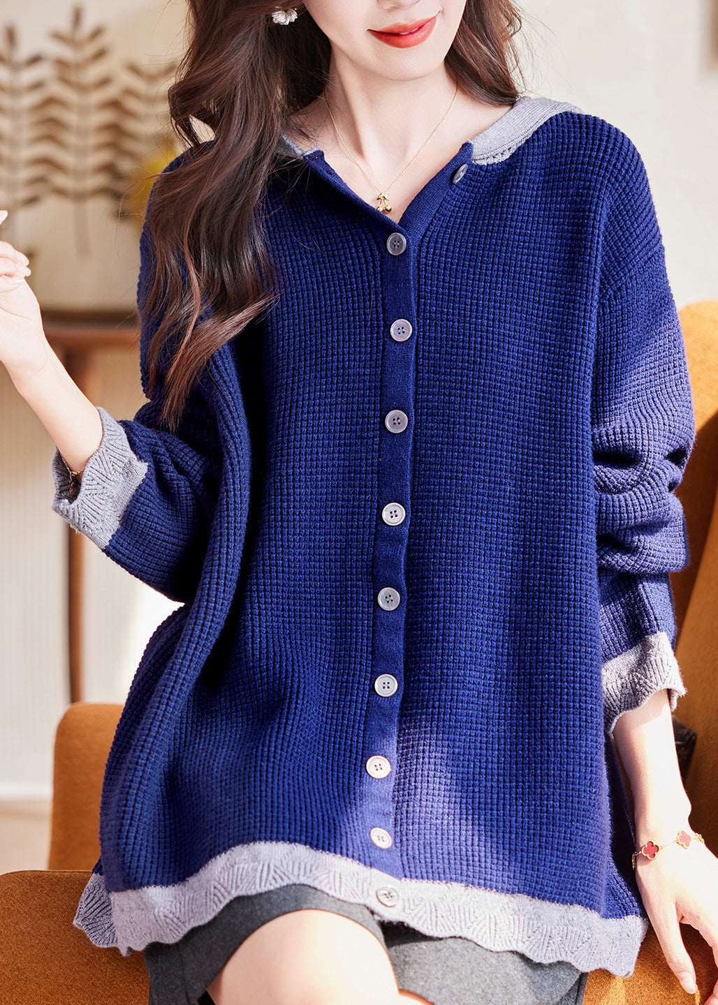 Blue Patchwork Button Cotton Hooded Knit Cardigan Fall