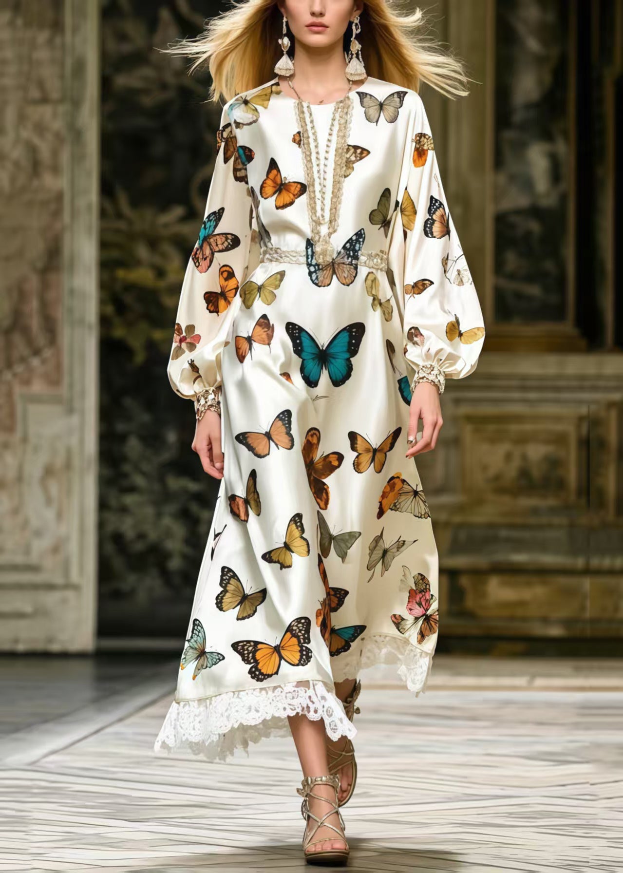 Fine Polychrome Butterfly Lace Patchwork Silk Party Dress Spring