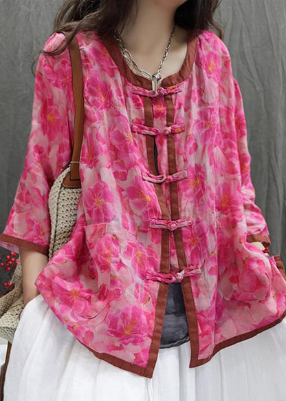 Purple Print Chinese Button Cotton Shirt Top Summer