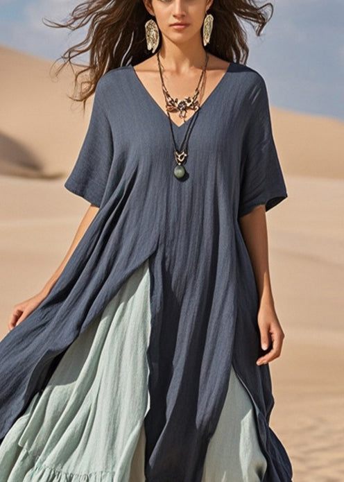 Navy Asymmetrical Patchwork Cotton Vacation Dresses Summer