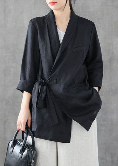 Black Asymmetrical Design Pockets Linen Coats Long Sleeve
