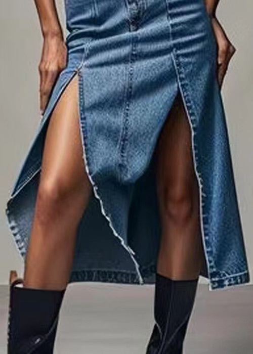 Blue Zippered Side Open High Waist Denim Skirt Summer