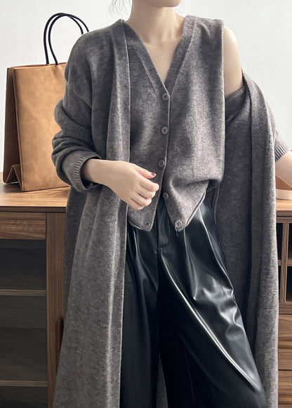Loose Camel V Neck Tank and Cardigan Knit Two Piece Set Fall
