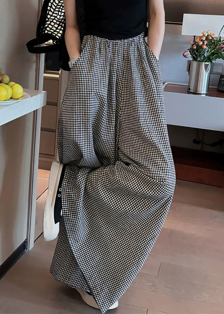 Black Plaid Pockets Elastic Waist Wide Leg Pants