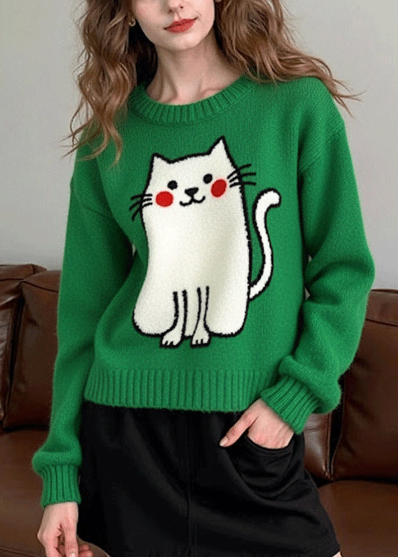 Tea Green Oversized Cat Knit Sweater Tops Winter