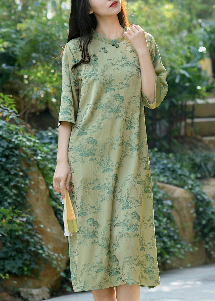Chinese Style Green Stand Collar Jacquard Cotton Dresses Summer