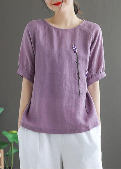 Purple Embroidered Linen Tops O-neck Short Sleeve