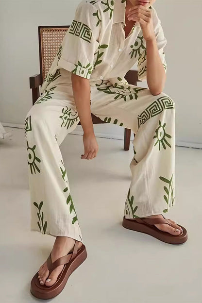 Geometric Print Buttons Turndown Collar Short Sleeve Two Pieces